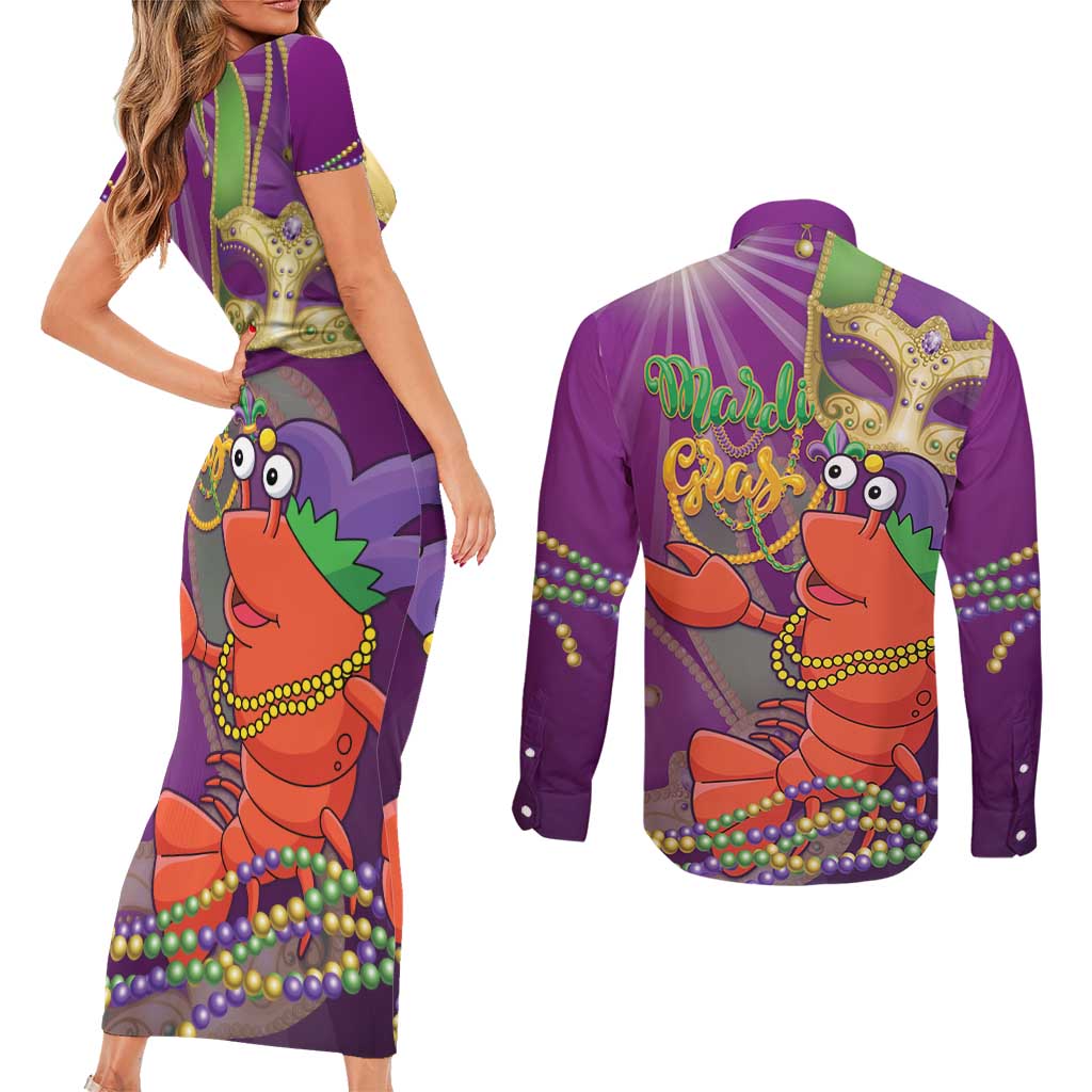 Mardi Gras 2025 Couples Matching Short Sleeve Bodycon Dress and Long Sleeve Button Shirt Funny Jester Lobster With Beads