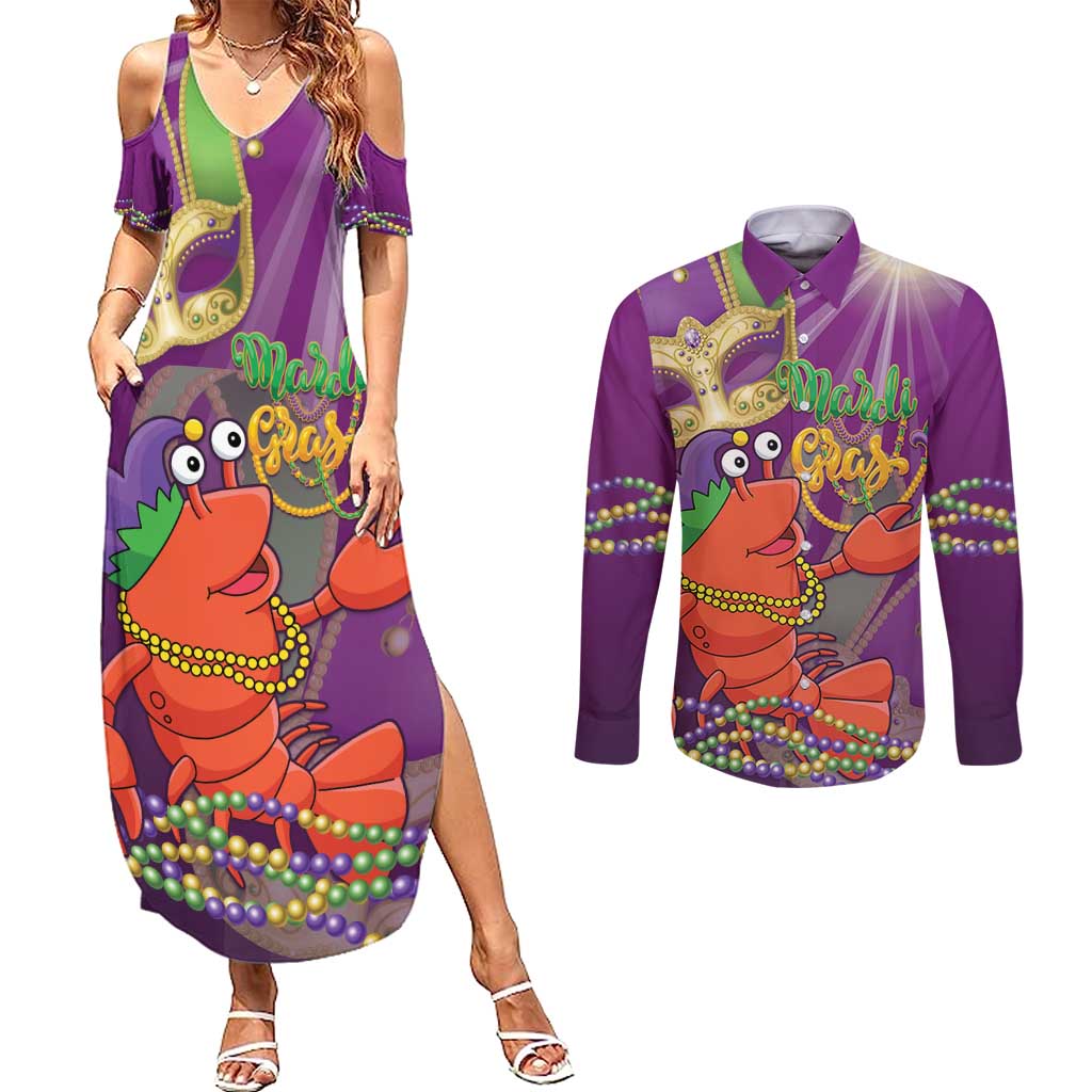 Mardi Gras 2025 Couples Matching Summer Maxi Dress and Long Sleeve Button Shirt Funny Jester Lobster With Beads
