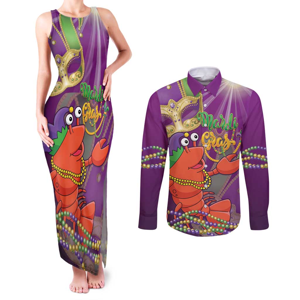 Mardi Gras 2025 Couples Matching Tank Maxi Dress and Long Sleeve Button Shirt Funny Jester Lobster With Beads