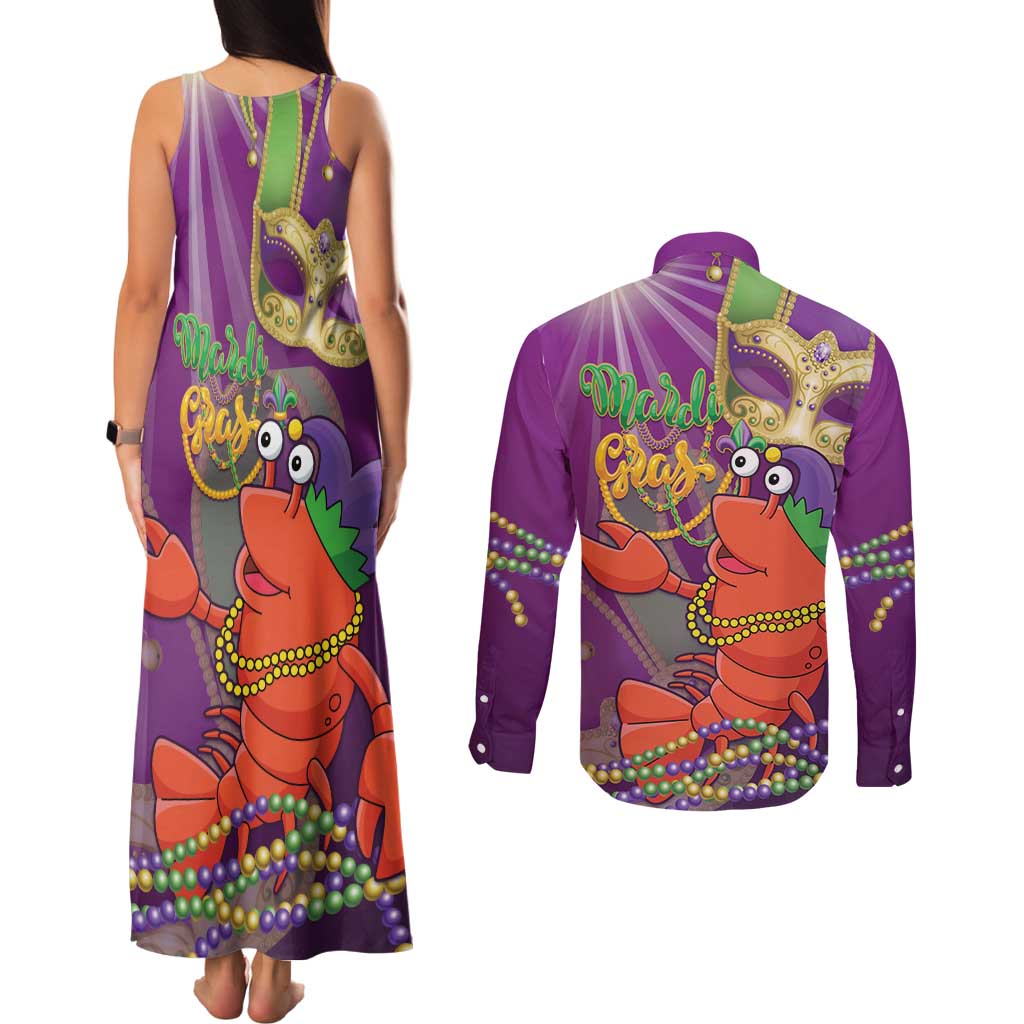 Mardi Gras 2025 Couples Matching Tank Maxi Dress and Long Sleeve Button Shirt Funny Jester Lobster With Beads