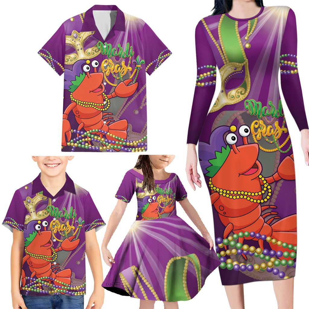 Mardi Gras 2025 Family Matching Long Sleeve Bodycon Dress and Hawaiian Shirt Funny Jester Lobster With Beads