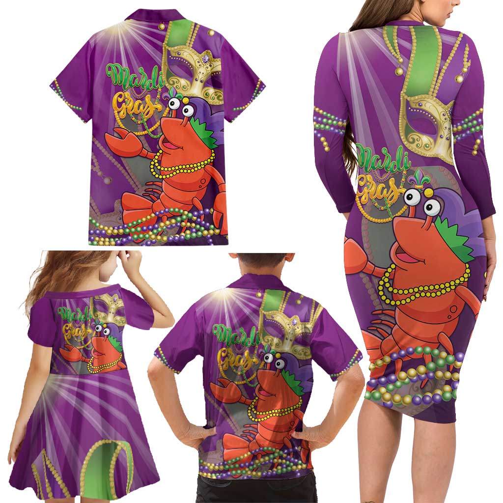 Mardi Gras 2025 Family Matching Long Sleeve Bodycon Dress and Hawaiian Shirt Funny Jester Lobster With Beads