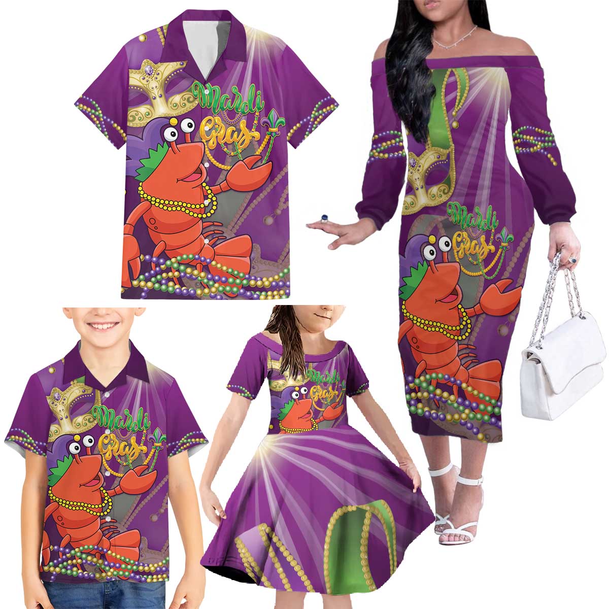 Mardi Gras 2025 Family Matching Off The Shoulder Long Sleeve Dress and Hawaiian Shirt Funny Jester Lobster With Beads