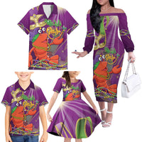 Mardi Gras 2025 Family Matching Off The Shoulder Long Sleeve Dress and Hawaiian Shirt Funny Jester Lobster With Beads