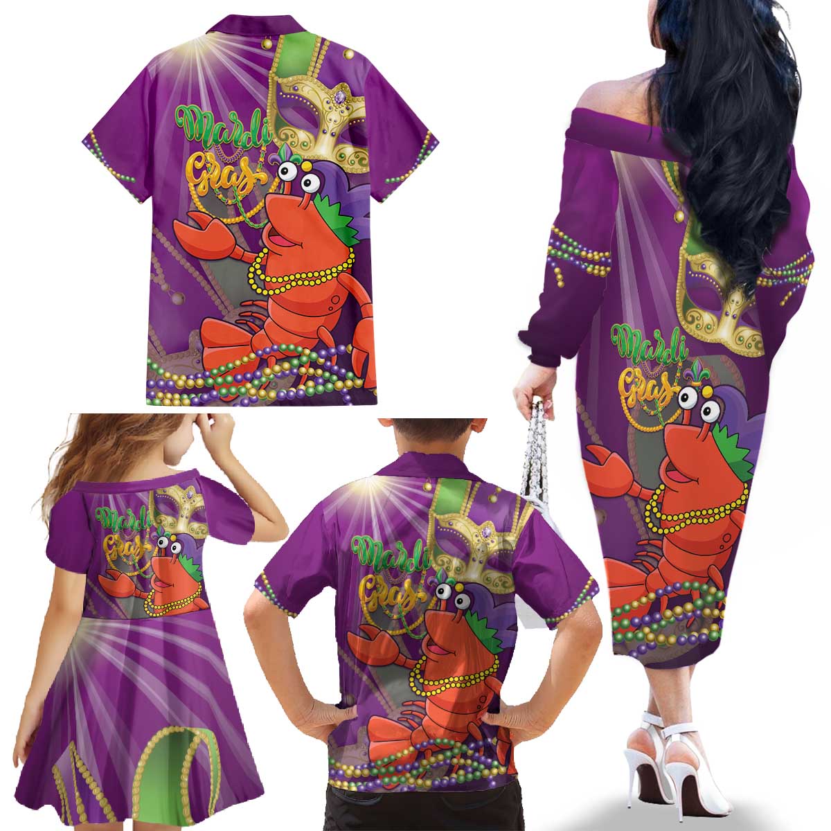 Mardi Gras 2025 Family Matching Off The Shoulder Long Sleeve Dress and Hawaiian Shirt Funny Jester Lobster With Beads