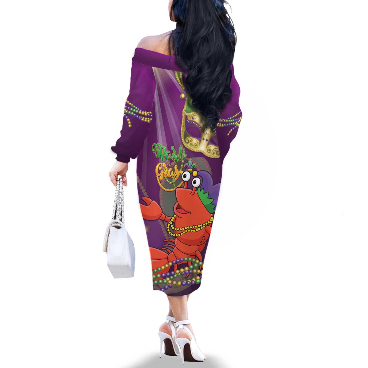Mardi Gras 2025 Family Matching Off The Shoulder Long Sleeve Dress and Hawaiian Shirt Funny Jester Lobster With Beads