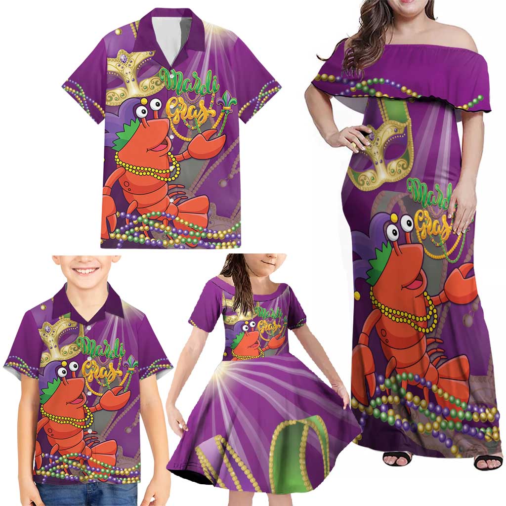 Mardi Gras 2025 Family Matching Off Shoulder Maxi Dress and Hawaiian Shirt Funny Jester Lobster With Beads
