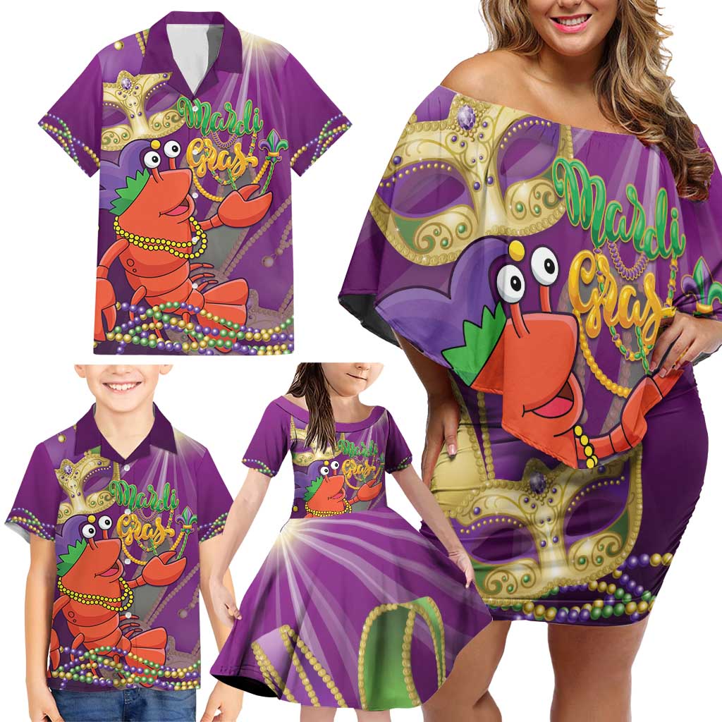 Mardi Gras 2025 Family Matching Off Shoulder Short Dress and Hawaiian Shirt Funny Jester Lobster With Beads