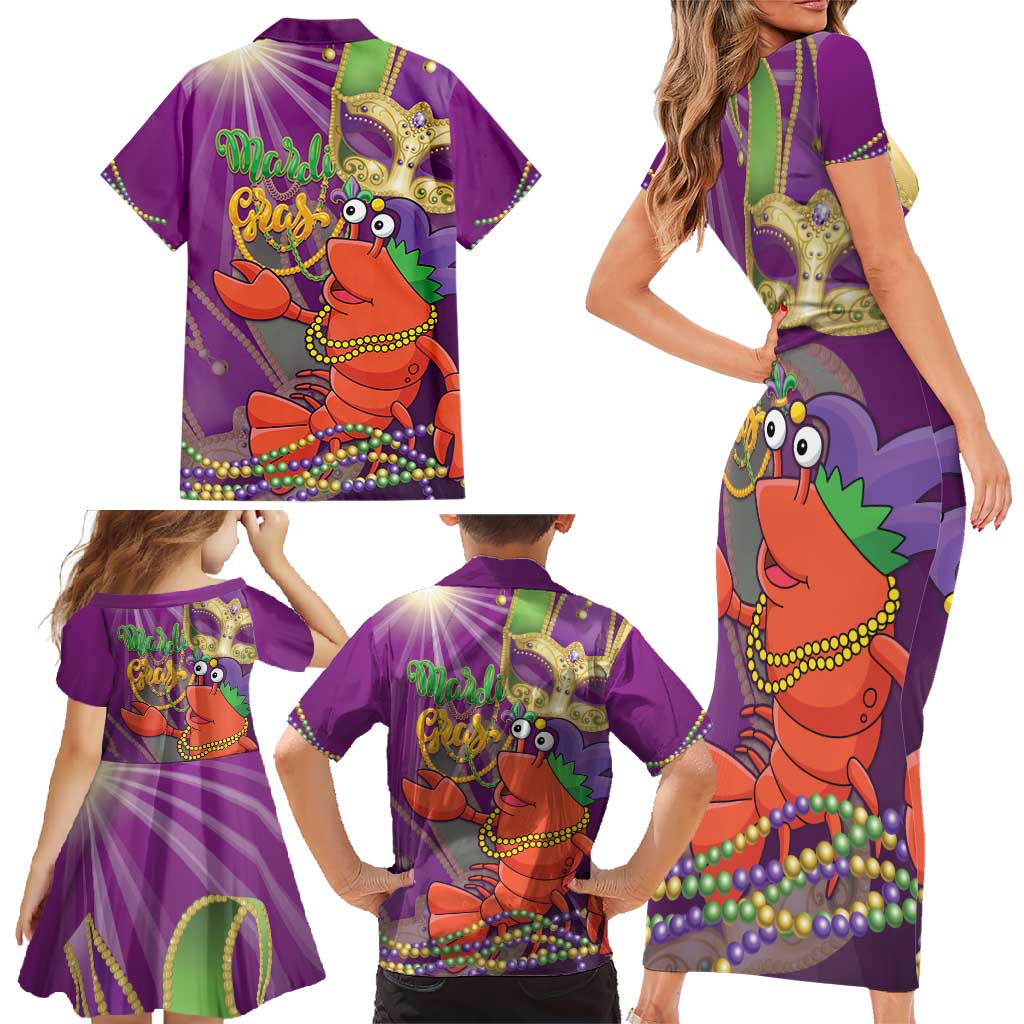 Mardi Gras 2025 Family Matching Short Sleeve Bodycon Dress and Hawaiian Shirt Funny Jester Lobster With Beads