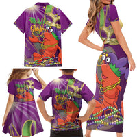 Mardi Gras 2025 Family Matching Short Sleeve Bodycon Dress and Hawaiian Shirt Funny Jester Lobster With Beads