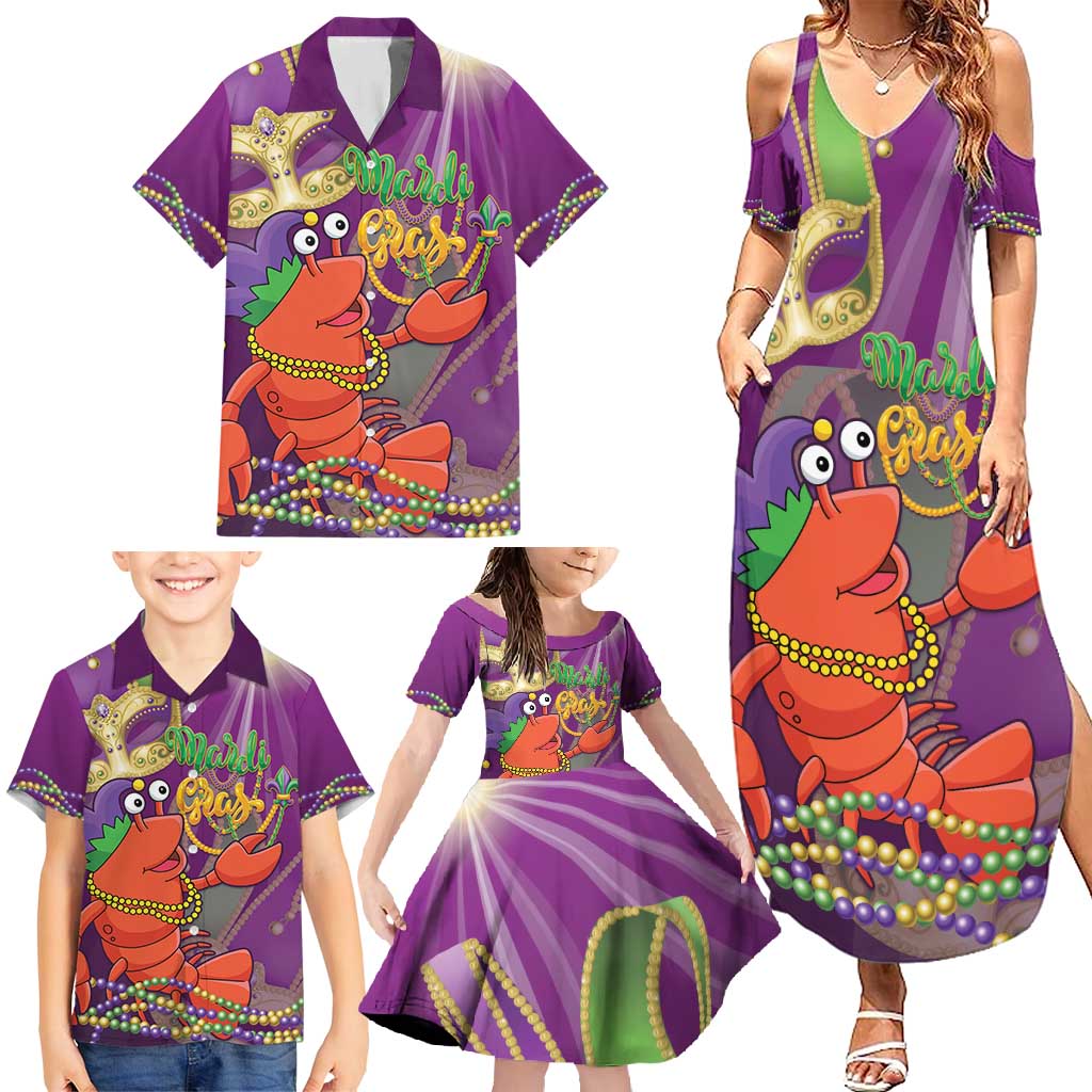 Mardi Gras 2025 Family Matching Summer Maxi Dress and Hawaiian Shirt Funny Jester Lobster With Beads