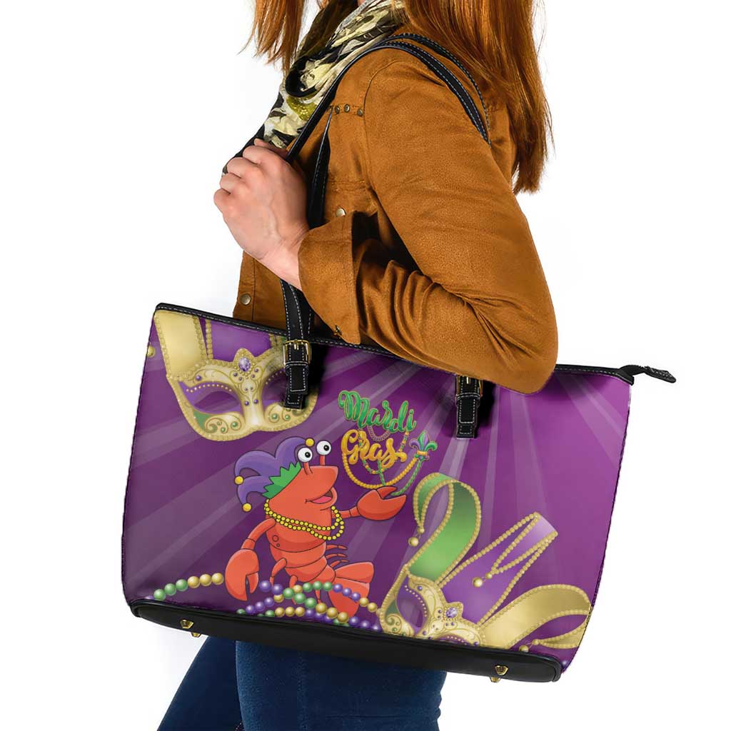 Mardi Gras 2025 Leather Tote Bag Funny Jester Lobster With Beads