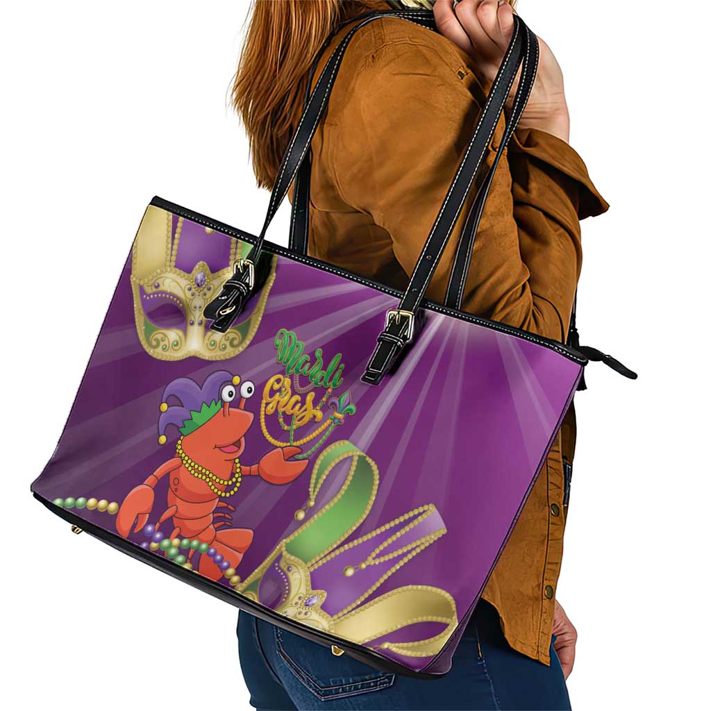 Mardi Gras 2025 Leather Tote Bag Funny Jester Lobster With Beads