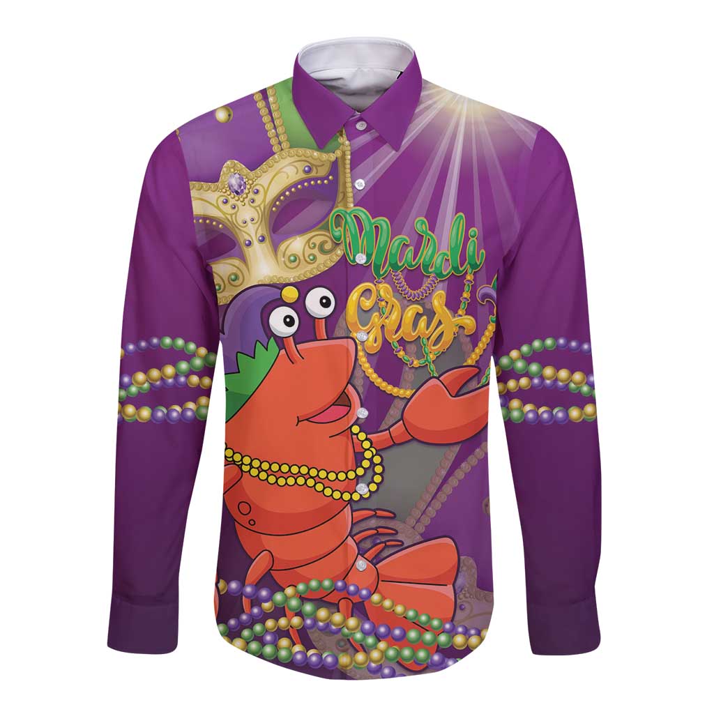 Mardi Gras 2025 Long Sleeve Button Shirt Funny Jester Lobster With Beads