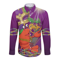 Mardi Gras 2025 Long Sleeve Button Shirt Funny Jester Lobster With Beads