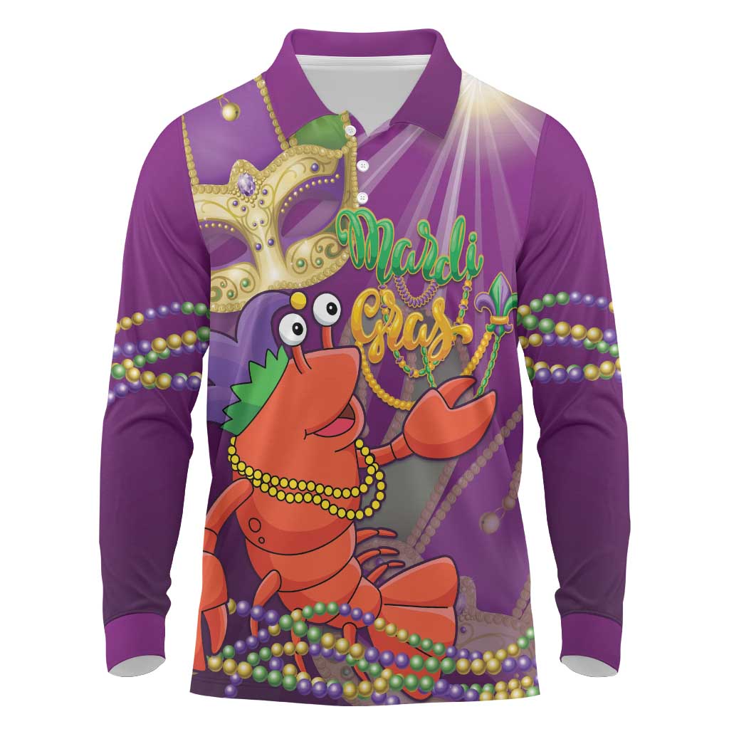 Mardi Gras 2025 Long Sleeve Polo Shirt Funny Jester Lobster With Beads - Wonder Print Shop