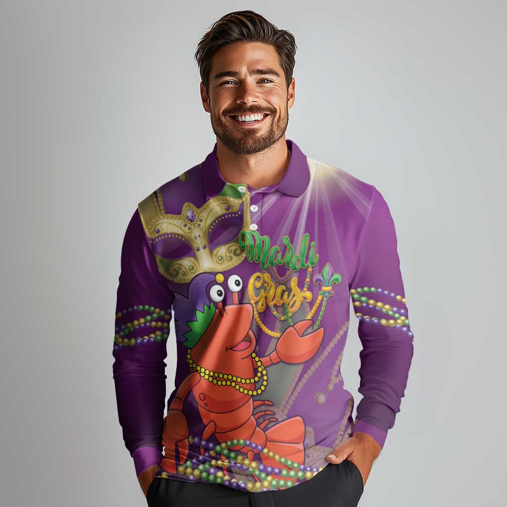 Mardi Gras 2025 Long Sleeve Polo Shirt Funny Jester Lobster With Beads - Wonder Print Shop