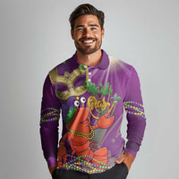 Mardi Gras 2025 Long Sleeve Polo Shirt Funny Jester Lobster With Beads - Wonder Print Shop