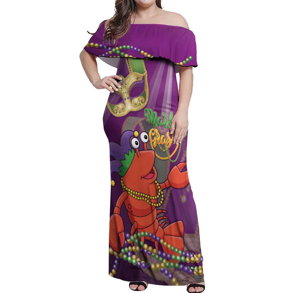 Mardi Gras 2025 Off Shoulder Maxi Dress Funny Jester Lobster With Beads - Wonder Print Shop
