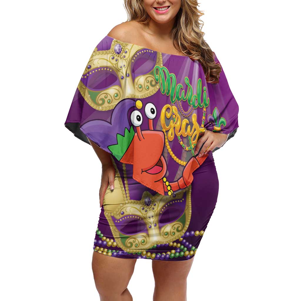 Mardi Gras 2025 Off Shoulder Short Dress Funny Jester Lobster With Beads - Wonder Print Shop