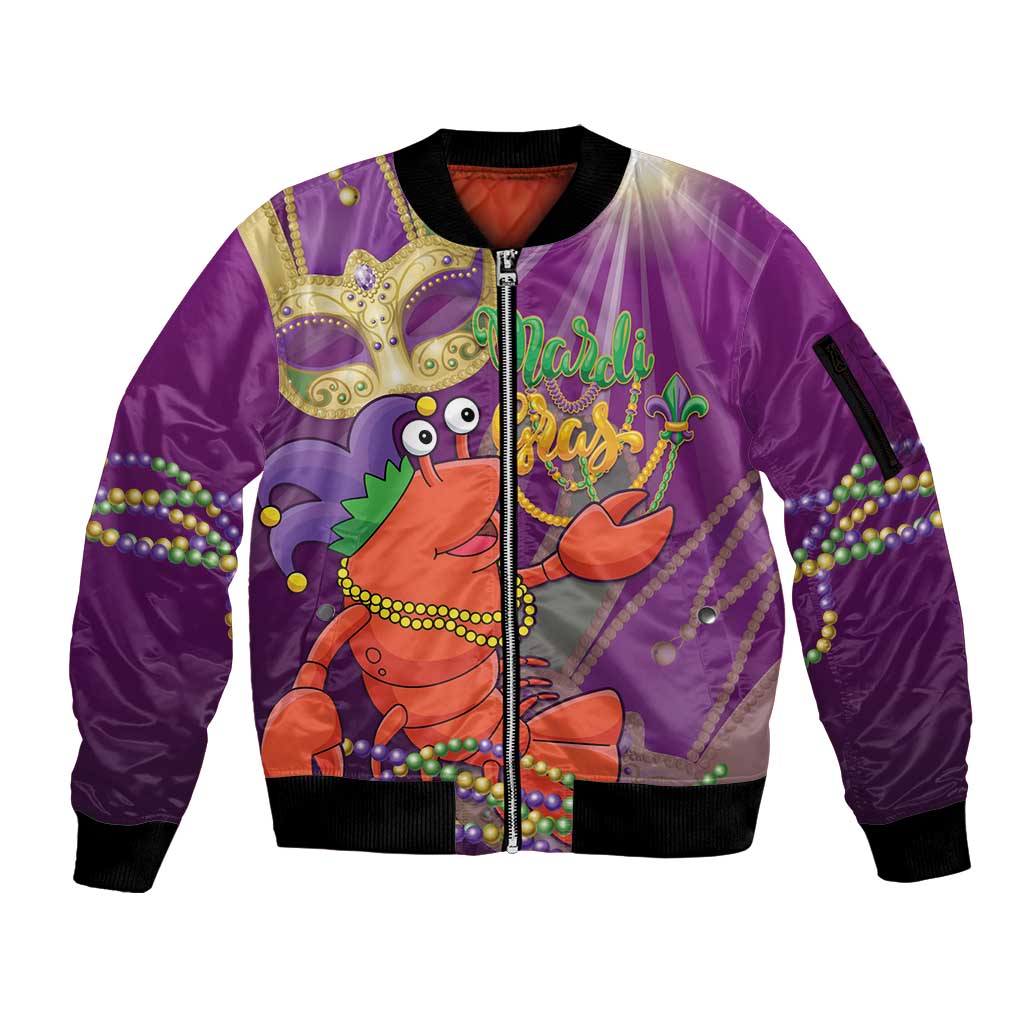 Mardi Gras 2025 Sleeve Zip Bomber Jacket Funny Jester Lobster With Beads - Wonder Print Shop