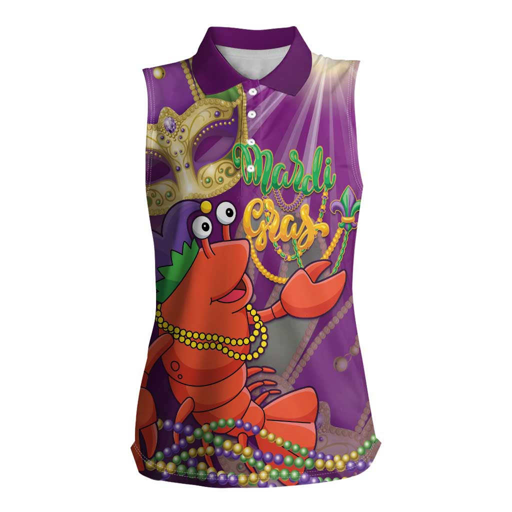 Mardi Gras 2025 Women Sleeveless Polo Shirt Funny Jester Lobster With Beads - Wonder Print Shop