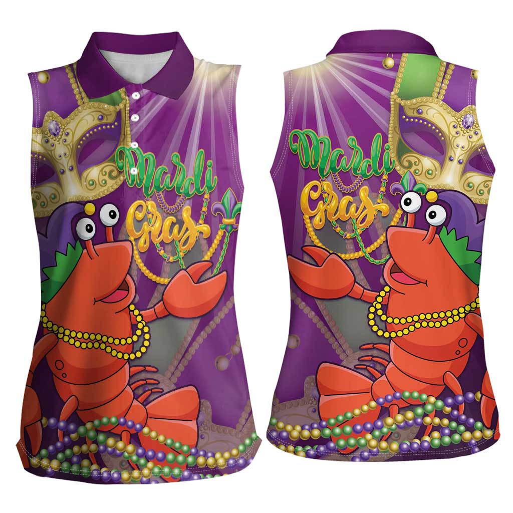 Mardi Gras 2025 Women Sleeveless Polo Shirt Funny Jester Lobster With Beads - Wonder Print Shop