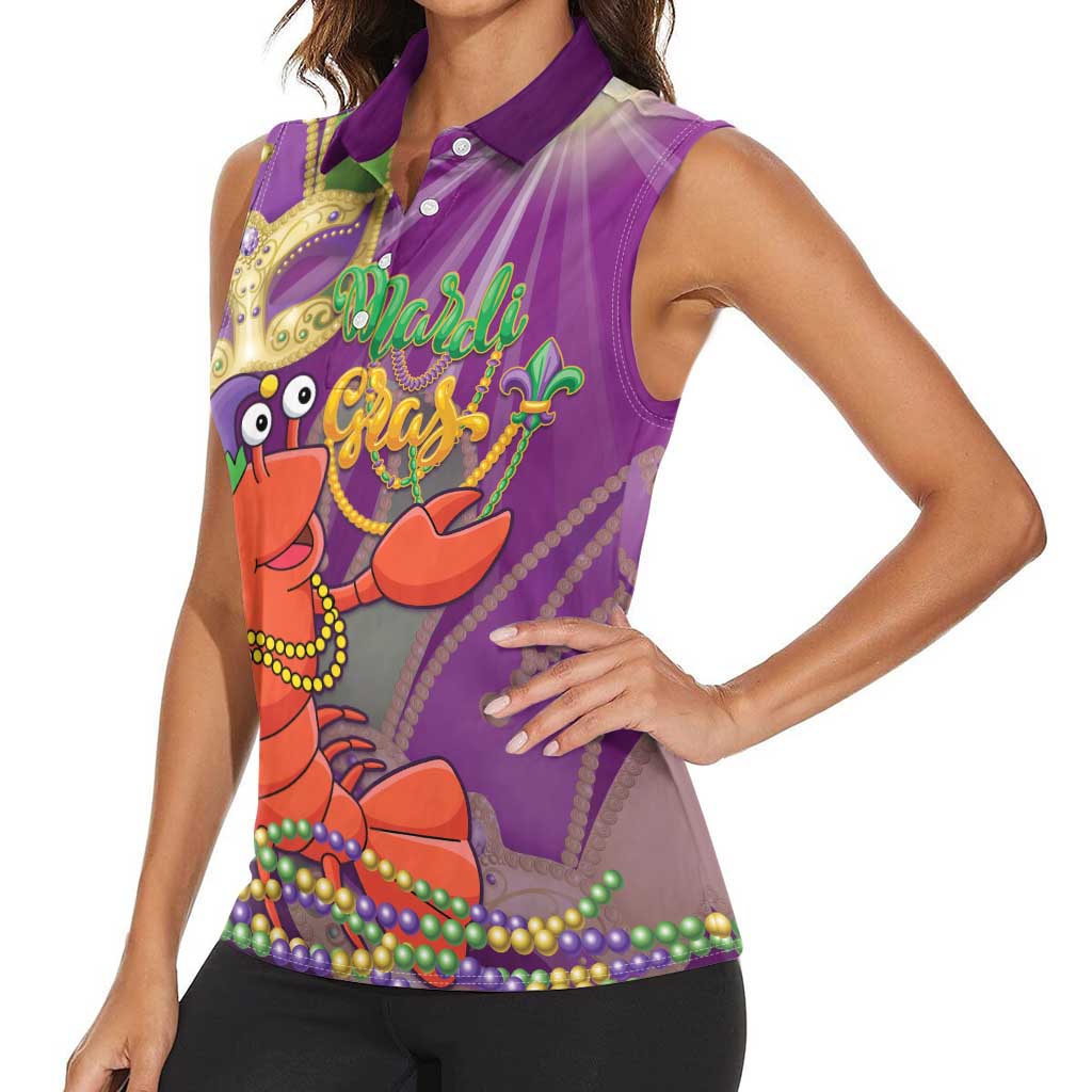 Mardi Gras 2025 Women Sleeveless Polo Shirt Funny Jester Lobster With Beads - Wonder Print Shop