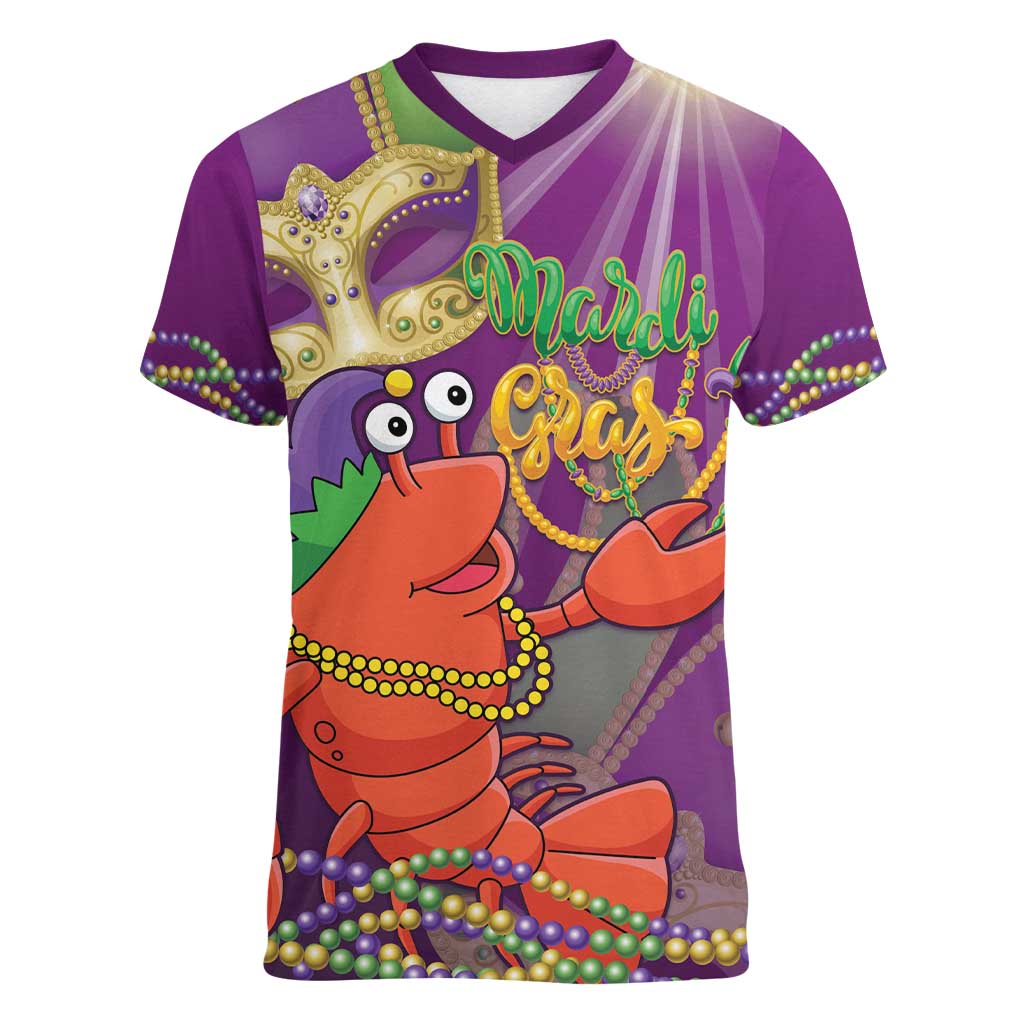 Mardi Gras 2025 Women V-Neck T-Shirt Funny Jester Lobster With Beads - Wonder Print Shop