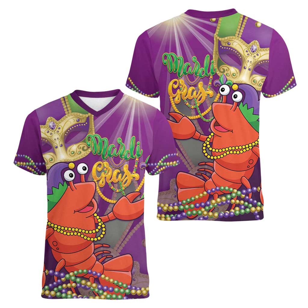 Mardi Gras 2025 Women V-Neck T-Shirt Funny Jester Lobster With Beads - Wonder Print Shop