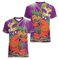 Mardi Gras 2025 Women V-Neck T-Shirt Funny Jester Lobster With Beads - Wonder Print Shop