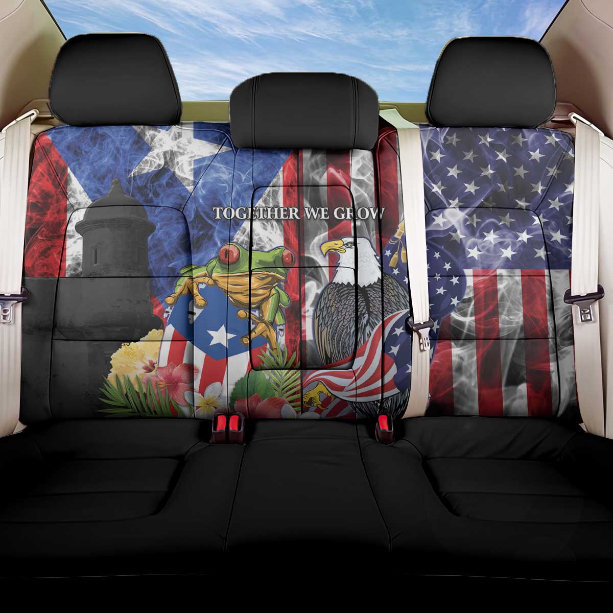 United States Puerto Rico Back Car Seat Cover USA Eagle Coqui Drum Tropical Flowers - Wonder Print Shop