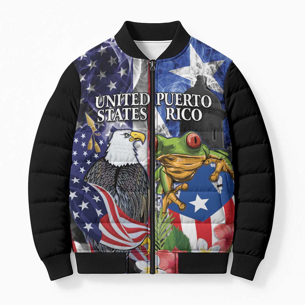 United States Puerto Rico Bomber Puffer Jacket USA Eagle Coqui Drum Tropical Flowers - Wonder Print Shop