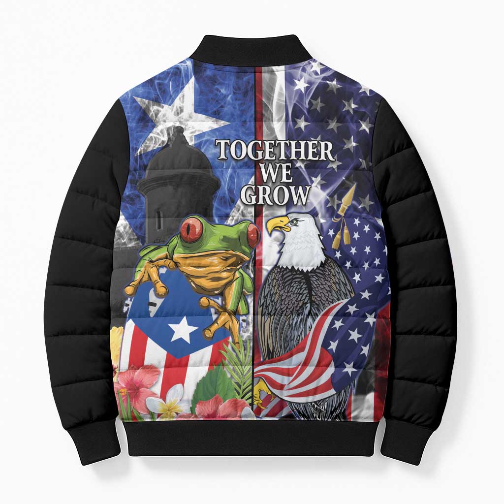 United States Puerto Rico Bomber Puffer Jacket USA Eagle Coqui Drum Tropical Flowers - Wonder Print Shop