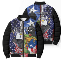 United States Puerto Rico Bomber Puffer Jacket USA Eagle Coqui Drum Tropical Flowers - Wonder Print Shop