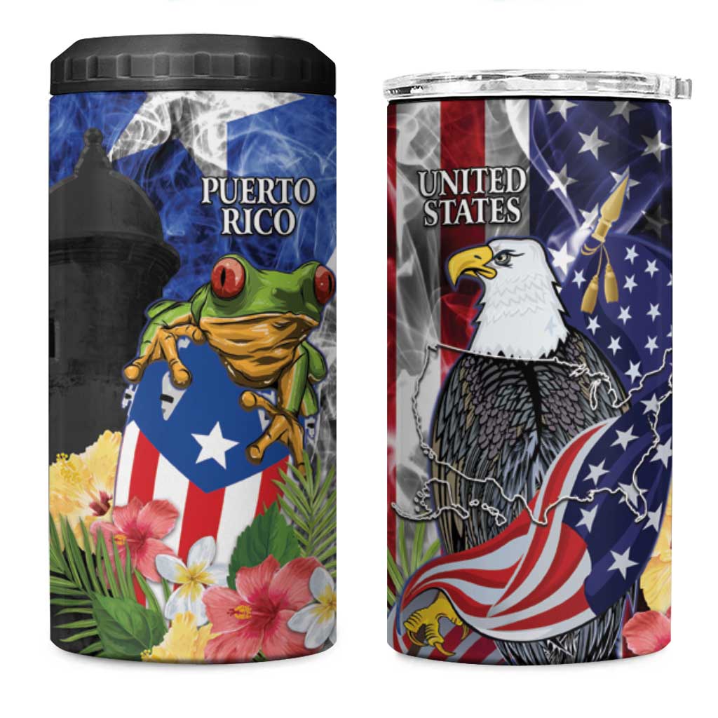 United States Puerto Rico 4 in 1 Can Cooler Tumbler USA Eagle Coqui Drum Tropical Flowers - Wonder Print Shop