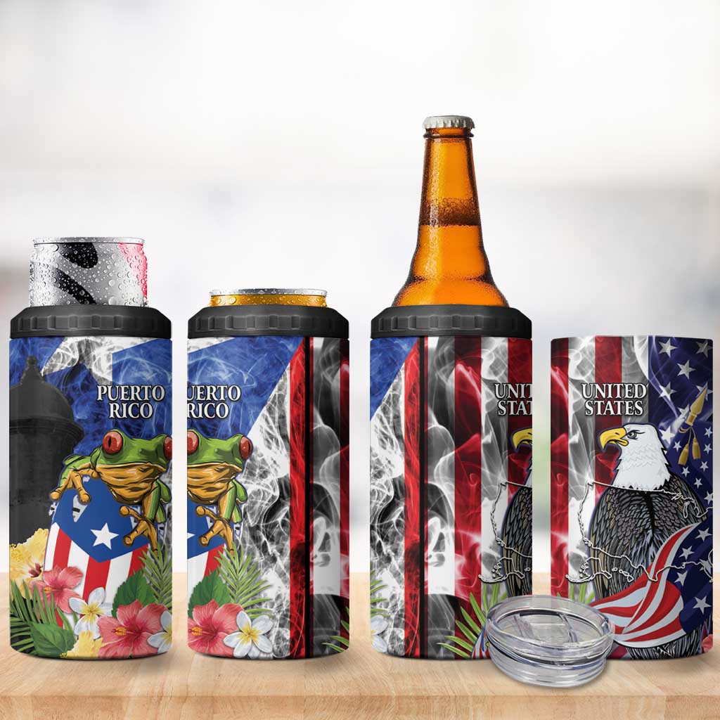 United States Puerto Rico 4 in 1 Can Cooler Tumbler USA Eagle Coqui Drum Tropical Flowers - Wonder Print Shop