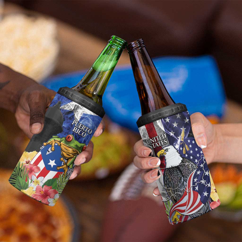 United States Puerto Rico 4 in 1 Can Cooler Tumbler USA Eagle Coqui Drum Tropical Flowers - Wonder Print Shop
