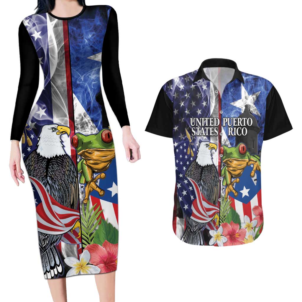 United States Puerto Rico Couples Matching Long Sleeve Bodycon Dress and Hawaiian Shirt USA Eagle Coqui Drum Tropical Flowers - Wonder Print Shop
