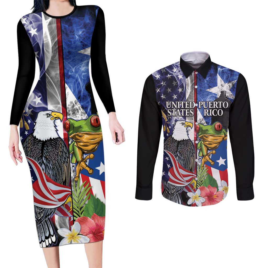 United States Puerto Rico Couples Matching Long Sleeve Bodycon Dress and Long Sleeve Button Shirt USA Eagle Coqui Drum Tropical Flowers - Wonder Print Shop