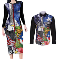 United States Puerto Rico Couples Matching Long Sleeve Bodycon Dress and Long Sleeve Button Shirt USA Eagle Coqui Drum Tropical Flowers - Wonder Print Shop