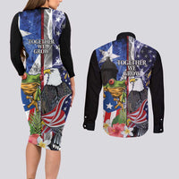 United States Puerto Rico Couples Matching Long Sleeve Bodycon Dress and Long Sleeve Button Shirt USA Eagle Coqui Drum Tropical Flowers - Wonder Print Shop