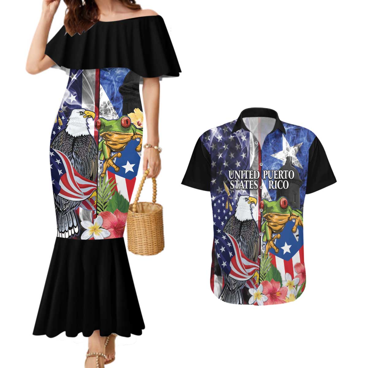 United States Puerto Rico Couples Matching Mermaid Dress and Hawaiian Shirt USA Eagle Coqui Drum Tropical Flowers - Wonder Print Shop