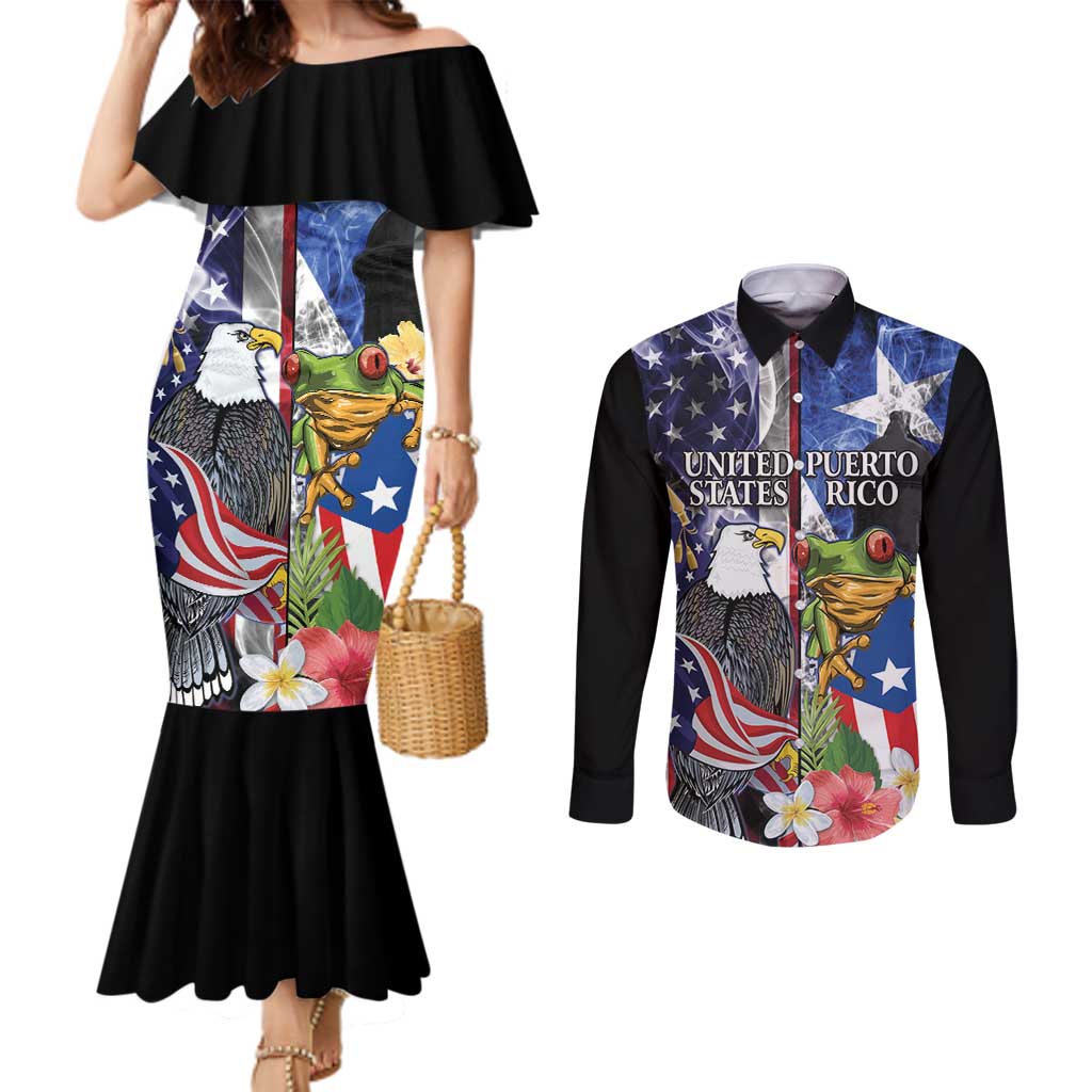 United States Puerto Rico Couples Matching Mermaid Dress and Long Sleeve Button Shirt USA Eagle Coqui Drum Tropical Flowers - Wonder Print Shop