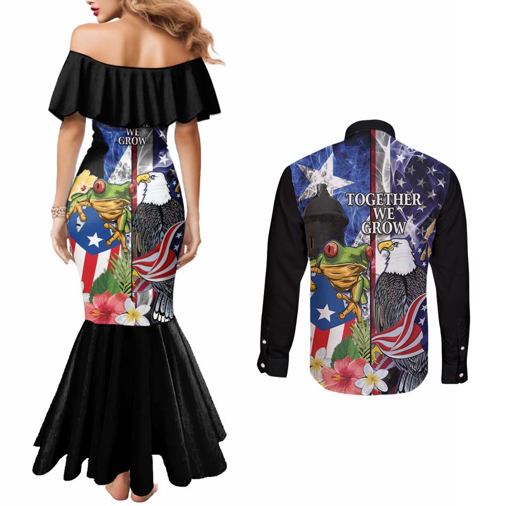 United States Puerto Rico Couples Matching Mermaid Dress and Long Sleeve Button Shirt USA Eagle Coqui Drum Tropical Flowers - Wonder Print Shop