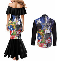 United States Puerto Rico Couples Matching Mermaid Dress and Long Sleeve Button Shirt USA Eagle Coqui Drum Tropical Flowers - Wonder Print Shop