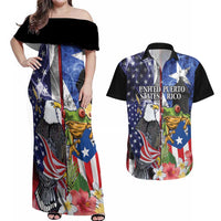United States Puerto Rico Couples Matching Off Shoulder Maxi Dress and Hawaiian Shirt USA Eagle Coqui Drum Tropical Flowers - Wonder Print Shop