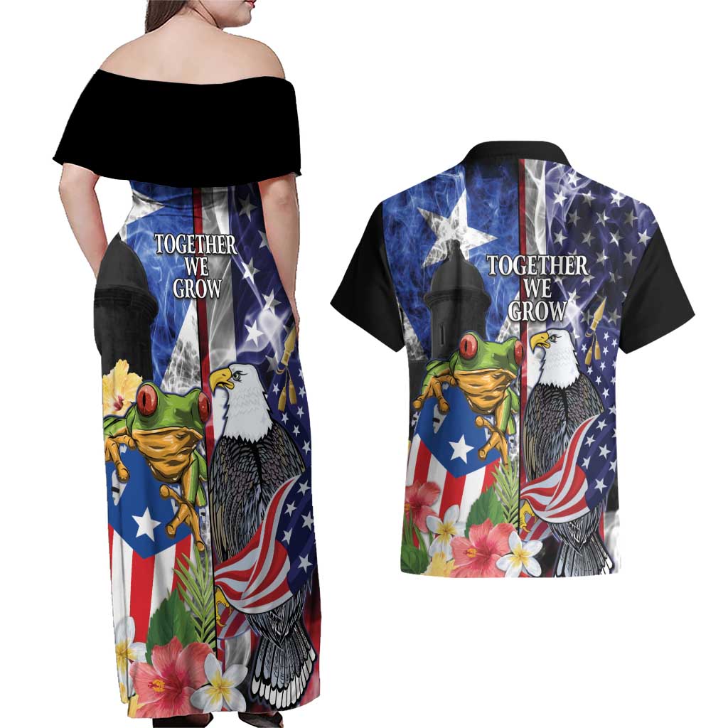United States Puerto Rico Couples Matching Off Shoulder Maxi Dress and Hawaiian Shirt USA Eagle Coqui Drum Tropical Flowers - Wonder Print Shop