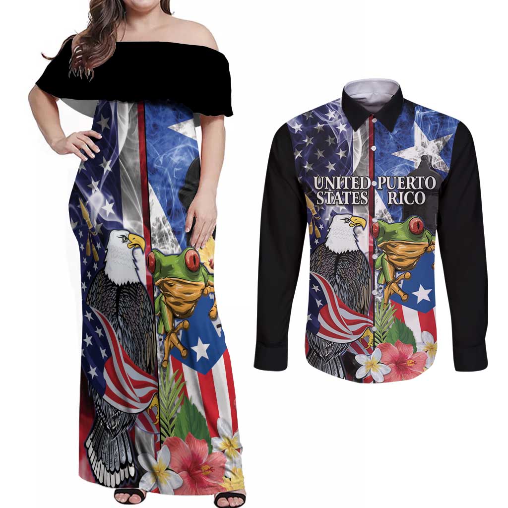 United States Puerto Rico Couples Matching Off Shoulder Maxi Dress and Long Sleeve Button Shirt USA Eagle Coqui Drum Tropical Flowers - Wonder Print Shop