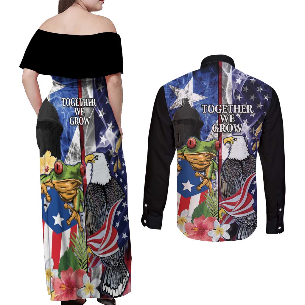United States Puerto Rico Couples Matching Off Shoulder Maxi Dress and Long Sleeve Button Shirt USA Eagle Coqui Drum Tropical Flowers - Wonder Print Shop